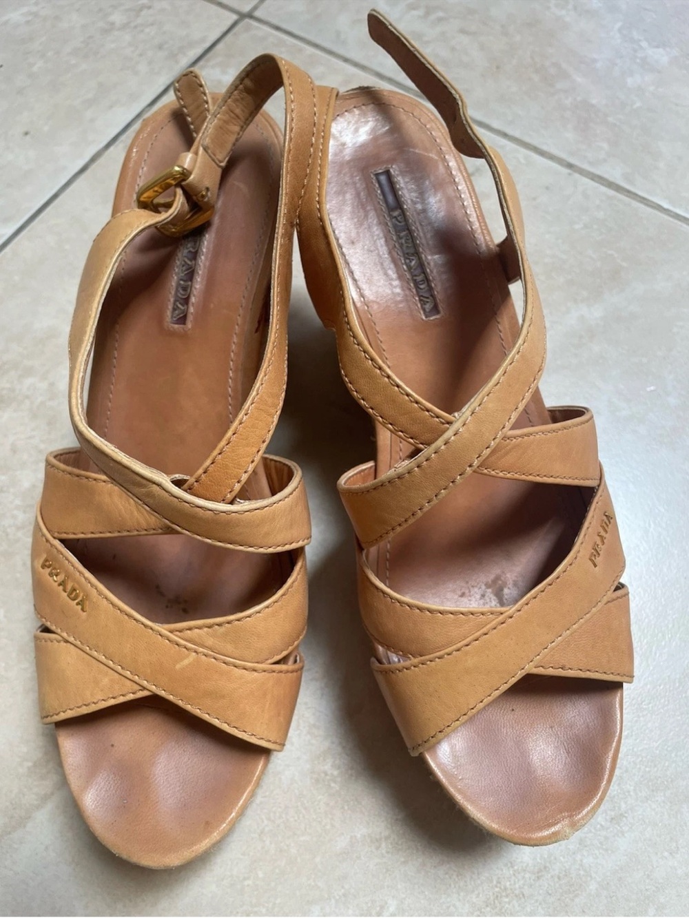Prada Tan Leather Crisscross Slingback Sandals